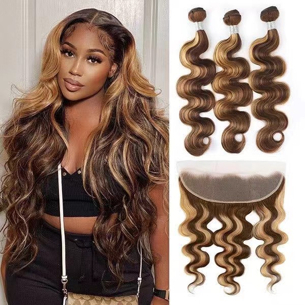 Highlight-buntar med frontal Ombre Body Wave 3-buntar med 13x4 spets frontalstängning