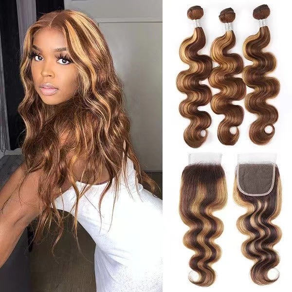 Honey Blonde Body Wave Hair 3 Knippi Með 4*4 blúndulokun